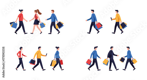 Diverse group of people walking while carrying shopping bags