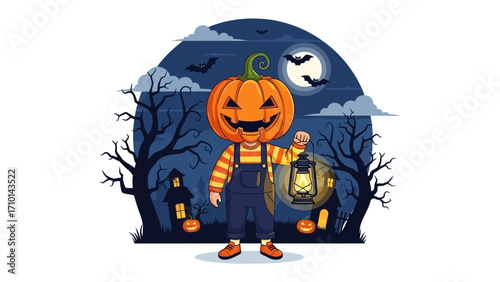 Spooky Jack-o'-Lantern: An illustrated person wearing a carved pumpkin as a head is illuminated by lantern at Halloween in front of a spooky backdrop. 