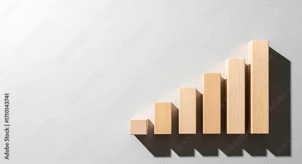 Fototapeta premium Rising wooden blocks arranged in a bar graph shape symbolizing growth and upward trend