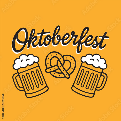 Oktoberfest illustration with beer mugs and pretzel on yellow background. Traditional German festival design, celebration, pub, brewery, bar poster, Bavarian culture and beer festival concept