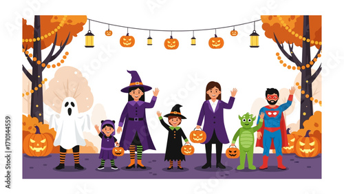 Happy Halloween Costume Gathering: A cheerful ensemble of individuals, donned in a medley of Halloween costumes, poses joyously.