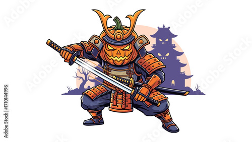 Pumpkin Samurai on the Hunt: A spirited illustration captures a formidable pumpkin samurai in full battle attire, poised and ready for action.