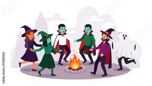 Halloween Gathering: A festive gathering of iconic Halloween characters, gathered around a crackling bonfire, celebrating the spirit of the holiday in an illustrative setting.