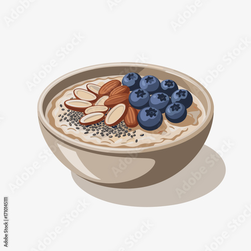 Oatmeal Bowl with Blueberries Almonds and Chia Seeds Vector