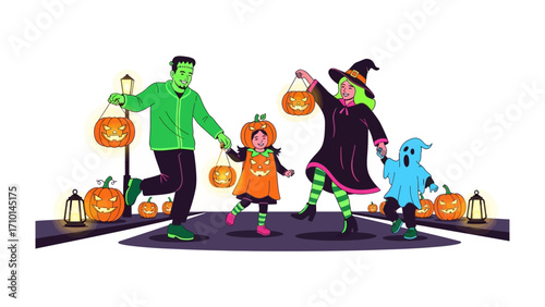 Enchanted Halloween Family: A lively illustration of a family dressed in festive costumes, celebrating Halloween night with joyous enthusiasm and magical ambiance.