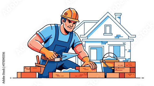 Building Dreams: A skilled construction worker meticulously lays bricks, bringing the vision of a house to life with precision and care, embodying craftsmanship.