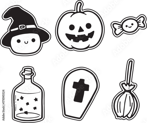 set of black line art clipart for Halloween