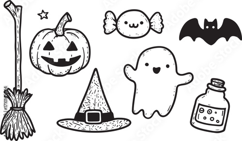 set of black line art clipart for Halloween