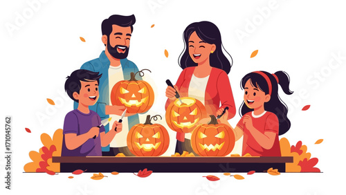 Family Carving Halloween Pumpkins: A happy family gather, carving glowing pumpkins, celebrating the spooky season with joy, the image of unity and togetherness. 