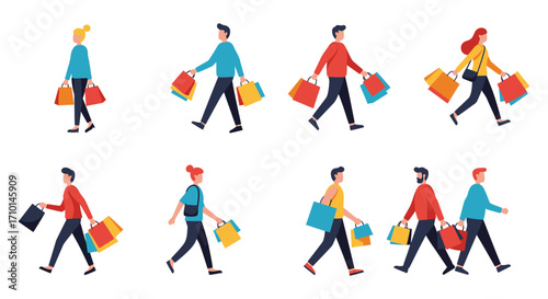Diverse group of people walking with shopping bags illustration style