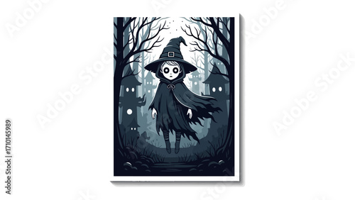 Mystical Forest Witch: A stylized illustration presents a spectral witch shrouded in a dark cape and tall hat, wandering through a haunting, tree-lined forest. Embodying a touch of magic and fantasy.