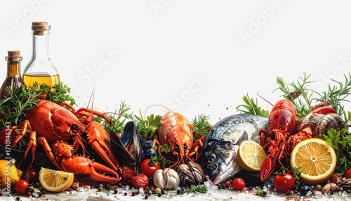 A colorful display of lobsters, fresh lemons, and other food items perfect for a seafood feast on a white background