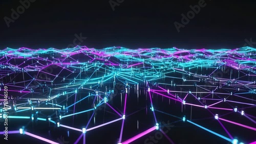 Expansive Plexus plane stretching infinity, glowing nodes alternating neon cyan magenta connected by delicate iridescent lines, line waving digital ocean positioned low to the ground, wide-angle lens
