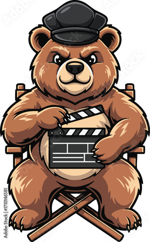 Cartoon Bear Film Director with Clapperboard on Director's Chair