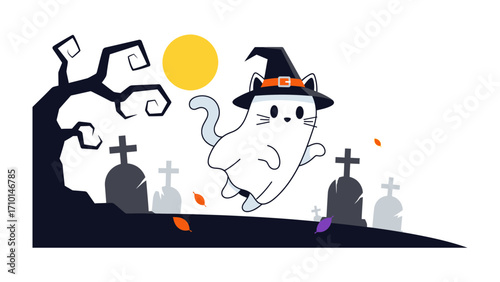 Whimsical Halloween Cat in Graveyard: A charming cartoon illustration of a spectral cat, donning a witch's hat, floats playfully through a spooky graveyard scene illuminated by a vibrant moon.