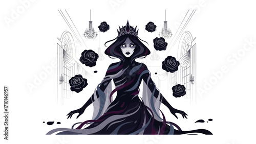Dark Queen's Domain: An elegant illustration captures a powerful queen, crowned and surrounded by floating black roses within a grand hall, a scene of enigmatic mystique.