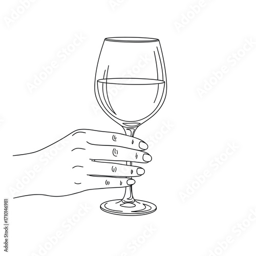 A minimalist line drawing of a hand holding a wine glass filled with a clear liquid.