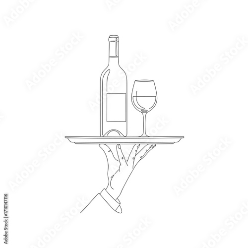 Line art illustration of a waiter's hand holding a tray with a wine bottle and a full wine glass, serving drinks.