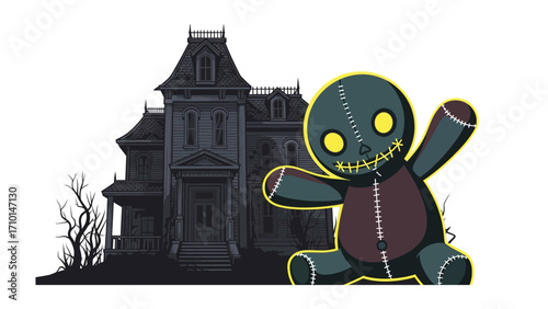 The Animated Horror: Spooky teddy bear in front of a haunted house. A whimsical cartoon-like illustration depicting a eerie residence alongside a stitched plush figure.