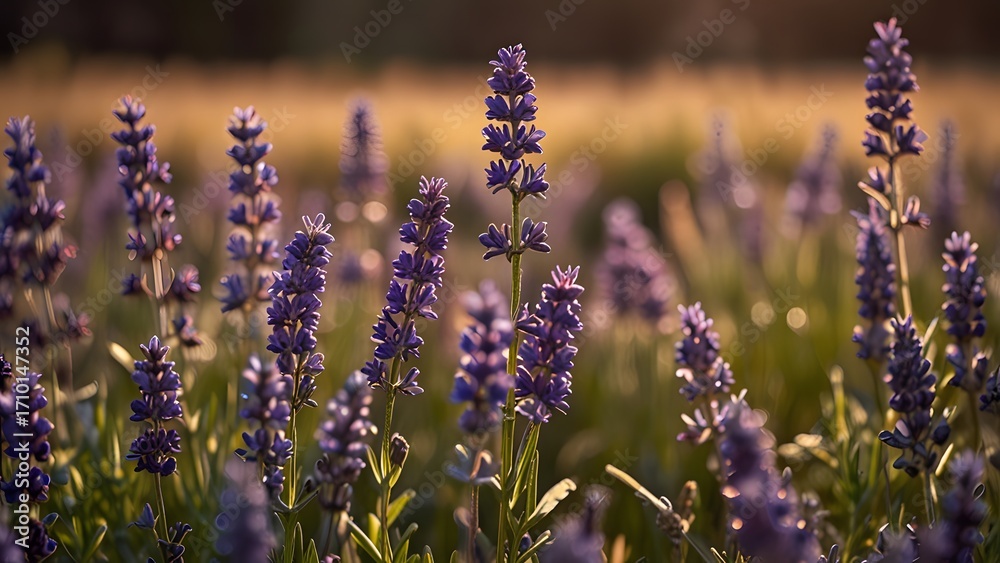 Fototapeta premium A field of blooming purple lavender flowers, which has been beautifully backlit by the golden hour light of the setting sun, is shown in a soft-focus close-up. Serene nature and aromatherapy concept