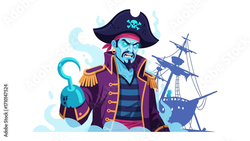The Pirate's Resolve: An illustration of a stern pirate captain, hook in hand, standing before his ship, embodying the adventure and intrigue of the high seas. 