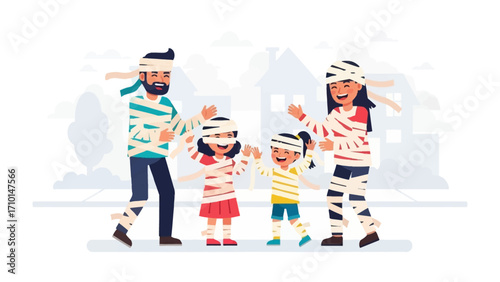 Halloween Mummy Family: A family dressed as mummies joyfully celebrate Halloween in front of houses. Capturing the joyful and spooky atmosphere.
