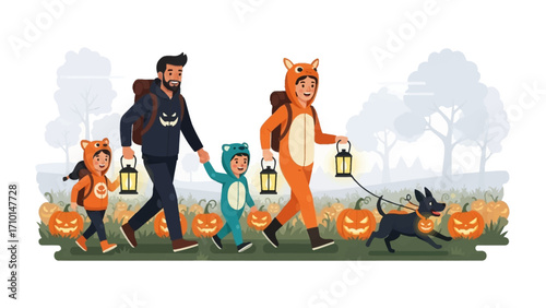 Spirited Family Stroll: A heartwarming illustration of a family, adorned in festive costumes, strolling along a path illuminated by glowing lanterns and surrounded by jovial pumpkins. 