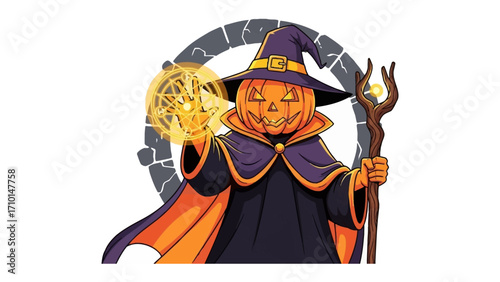 Halloween Pumpkin Wizard: A whimsical cartoon of a Halloween pumpkin wizard with a magical staff casting a spell under a night sky, creating an intriguing and festive scene.