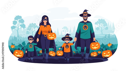 Family's Halloween adventure: The family is joyfully walking toward Halloween, dressed up in superhero costume, surrounded by lighted jack-o'-lanterns. 