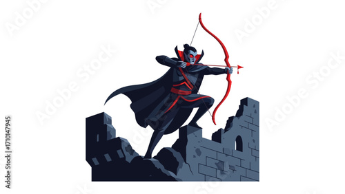 Elite Archer: A stoic archer stands ready, arrow drawn, atop an ancient battlement. Cloaked in shadow, yet poised for action, the archer embodies skill and determination. 
