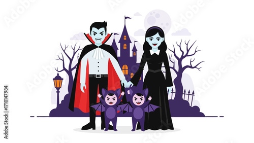 Spooky Family and Spooky Castle : a graphic illustration of a family in the attire of vampire poses in front of haunted castle.