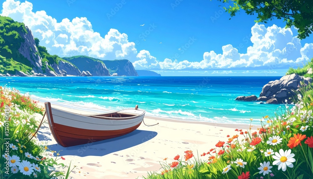 Obraz premium Illustration of a boat on a beautiful beach with white sand and flowers, suitable for posters, banners, and tourism bunting, Generative AI