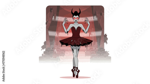 Enigmatic Ballet Dancer: An eerie and stylish illustration of a ballet dancer with a dark aura, illuminated by an ethereal stage light. The image is full of mysterious and fantasy elements.