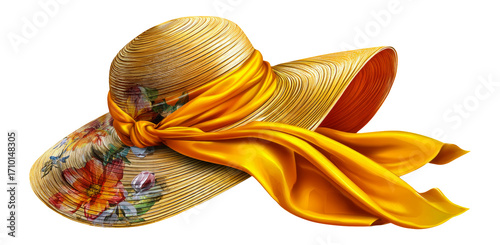 Elegant Wide-Brimmed Straw Hat with Floral Detail and Yellow Ribbon
