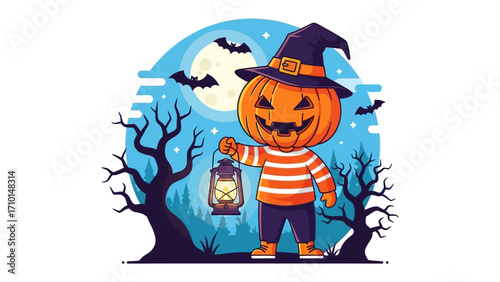 Pumpkin Head Halloween: A cute pumpkin-headed character dons a witch's hat and carries a lantern in a whimsical Halloween scene, capturing the spirit of the holiday.