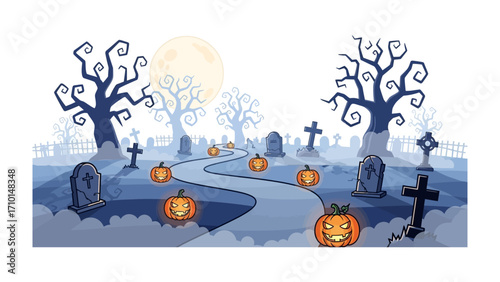 Spooky Cemetery Halloween: Halloween's spooky and ghostly charm captured in a vibrant illustration of a moonlit cemetery path. This design blends frightful fun with creativity