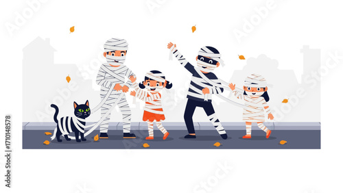 Halloween Mummy Family Fun: A digitally crafted scene showcasing a family playfully adorned in mummy costumes, joyfully celebrating the Halloween spirit with a matching cat.