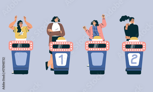 Exciting Quiz Show Contestants Celebrating Their Correct Answers with Joyful Reactions