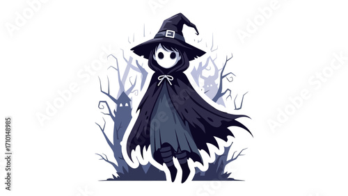 Mystic Witch in Enchanted Woods: A whimsical witch in a classic pointed hat and flowing cape wanders through a shadowy, fairytale forest. The scene evokes a sense of mystery and enchantment.