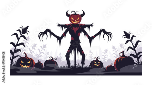 Scary Scarecrow and Pumpkins Halloween Scene: A chilling scene unfolds, a menacing scarecrow stands guard amidst a pumpkin patch, its silhouette enhanced by the glow of Halloween pumpkins.