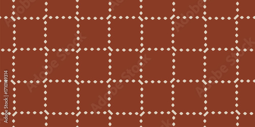 Plaid pattern. Square grid seamless background. Vector abstract geometric texture with crossing dash lines, mesh, grill, lattice. Rust color repeated ornament, simple design for decor, textile, cover