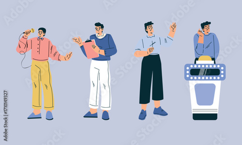 Stylish young men engaged in a variety of interesting activities in modern urban settings