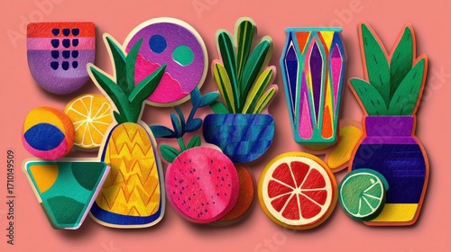 A vibrant assortment of colorful paper cutouts featuring tropical fruits and potted plants creating a cheerful and summery composition