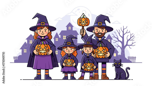 Halloween Family Fun: A cheerful family in festive witch costumes pose in front of a spooky house with carved pumpkins, embracing the spirit of Halloween.