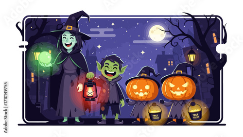 Halloween Night: A vibrantly illustrated scene of Halloween revelry, with a grinning witch holding a glowing orb and a mischievous goblin bearing a lantern.