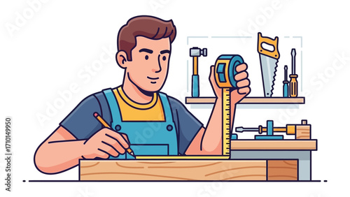 Craftsman at Work: A skilled craftsman meticulously measures and marks a piece of wood, surrounded by his tools, representing precision and craftsmanship.