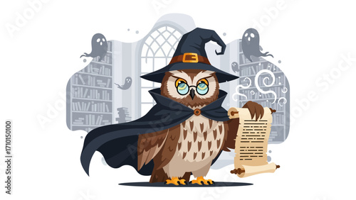 Owl Witch in Magical Library: A wise owl, donning a witch's hat and cape, perches confidently in a mystical library, clutching an ancient scroll, and surrounded by spectral apparitions. 