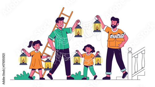 Family of Four Holding Lanterns: A heartwarming illustration of a family, comprising two adults and two children, happily holding lit lanterns. The scene, set amidst a backdrop of anticipation.