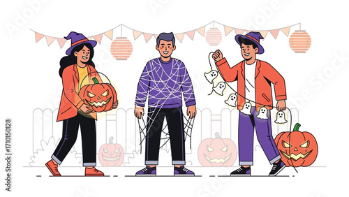 Halloween Preparations: Three figures are engrossed in decorating, illuminated with an enthusiastic energy and charm in anticipation of Halloween night, embodying the spirit of spooky celebrations.