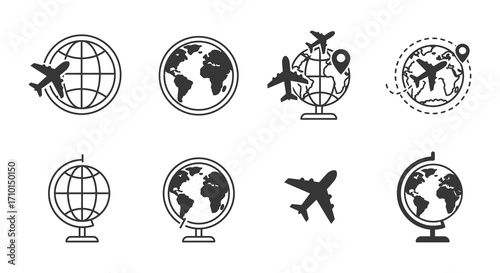 Collection of travel icons depicting globes airplanes and location pins